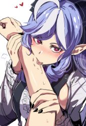 1girl 1other absurdres bite_mark black_nails blush grey_hair heart highres hinghoi licking long_sleeves mole mole_under_eye multicolored_hair nail_polish purple_hair red_eyes shirt simple_background streaked_hair upper_body vivian_(zenless_zone_zero) white_background white_shirt zenless_zone_zero