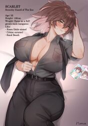 Rule 34 | 1girl, abs, absurdres, arm behind head, arm up, artist name, belt, belt buckle, black belt, black necktie, black pants, blush, breast pocket, breasts, brown hair, buckle, character age, character name, cleavage, closed mouth, collarbone, collared shirt, colored inner hair, commentary, covered erect nipples, dutch angle, english commentary, english text, fawn (norza), grey background, grey shirt, hair between eyes, height, highres, huge breasts, looking at viewer, lying, multicolored hair, necktie, no bra, norza, on back, open clothes, open shirt, opened by self, original, pants, photo (object), pink hair, pocket, scarlet (norza), shirt, shirt tucked in, short hair, short sleeves, solo, steam, sweat, toned, toned female, two-tone hair, undone necktie, wing collar, yellow eyes