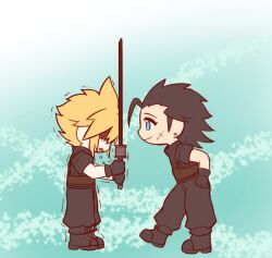 Rule 34 | 2boys, aqua eyes, armor, baggy pants, belt, black boots, black hair, black pants, blonde hair, boots, brown belt, buster sword, chibi, chibi only, closed mouth, cloud strife, cross scar, crying, earrings, facial scar, final fantasy, final fantasy vii, full body, hair over eyes, hair slicked back, hand on own hip, holding, holding sword, holding weapon, jewelry, lll777777lll, looking at another, male focus, medium hair, multiple boys, pants, parted lips, partially shaded face, pauldrons, scar, scar on cheek, scar on face, short hair, shoulder armor, single earring, sleeveless, sleeveless turtleneck, smile, spiked hair, suspenders, sword, tears, trembling, turtleneck, weapon, zack fair