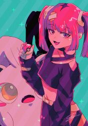 1girl :d bandaid bandaid_hair_ornament black_eyes black_hair black_shirt black_skirt coral_(pokemon) cropped_shirt fang g_(xkhkxx) hair_ornament highres holding holding_poke_ball long_sleeves looking_at_viewer midriff multicolored_hair navel nintendo open_mouth pink_hair poke_ball poke_ball_(basic) pokemon pokemon_(anime) pokemon_(creature) pokemon_horizons scream_tail shirt skirt smile twintails twitter_username two-tone_hair