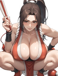 1girl breasts brown_eyes brown_hair fatal_fury huge_breasts long_hair shiranui_mai squatting the_king_of_fighters