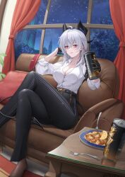 1girl absurdres ahoge black_gloves black_horns black_pants black_pantyhose black_tail blush breasts button_gap can cleavage closed_mouth collared_shirt commentary couch crossed_legs curled_horns demon_tail drink_can earrings food fork gloves grey_hair hair_between_eyes hand_up high-waist_pants highres holding holding_can horns jewelry key_earrings large_breasts long_hair multicolored_hair naeaemgung necktie night night_sky pants pantyhose red_necktie shirt shirt_tucked_in sitting sky smile solo streaked_hair symbol-only_commentary tail tight_clothes tight_pants unworn_necktie white_shirt window wuthering_waves zani_(wuthering_waves)