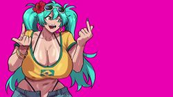 1girl animated aqua_eyes aqua_hair barefoot bikini blue_eyes blue_hair bouncing_breasts bracelet brazilian_flag brazilian_miku breasts collarbone cropped_shirt curvy cutoffs dancing denim denim_shorts earrings flower full_body geulimykun_(skbyunea413) grin hair_flower hair_ornament hatsune_miku highleg highleg_bikini hoop_earrings huge_breasts jewelry long_hair looking_at_viewer looping_animation low_neckline meme motion_lines navel open_fly open_mouth pink_background shiny_skin shirt short_shorts shorts smile sunglasses sunglasses_on_head swimsuit tan tanline thick_thighs thighs twintails underboob upper_body video vocaloid wide_hips yellow_shirt