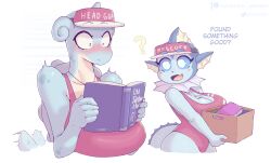 2024_pokemon_teraleak 2girls blue_eyes blue_sclera blush book box breasts colored_sclera fins freckles furry furry_female gammainks gen_1_pokemon hat head_fins highres horns huge_breasts lapras multiple_girls nintendo pokemon pokemon_(creature) reading simple_background single_horn vaporeon white_background white_eyes wide-eyed