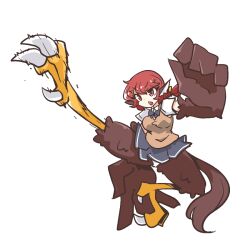 1girl animal_ears big_o_pants bird_ears bird_legs bird_tail blue_skirt breasts brown_feathers brown_sweater_vest brown_wings commentary_request feather_fingers feathers fio-chan_(big_o_pants) harpy kicking long_hair medium_breasts monster_girl open_mouth original panties pleated_skirt red_eyes red_hair shirt skirt solo sweater_vest tail talons underwear white_panties white_shirt winged_arms wings