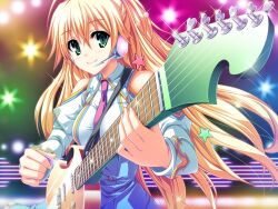 1girl akaza blonde_hair green_eyes guitar henshin! henshin!!!_~pantsu_ni_natte_kunkun_peropero~ instrument long_hair merakawa_yuzu smile