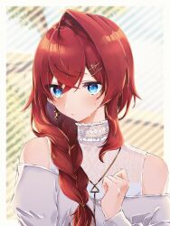 1girl alternate_hairstyle ange_katrina ange_katrina_(5th_costume) ayuko_ammobium bare_shoulders blue_eyes blue_pupils braid closed_mouth clothing_cutout commentary_request crossed_bangs diagonal-striped_background earrings gold_earrings gold_necklace hair_ornament hair_over_shoulder hairpin hand_up highres jewelry layered_shirt light_blush long_hair long_sleeves multiple_hairpins necklace nijisanji portrait red_hair see-through_clothes see-through_shirt shirt shoulder_cutout single_braid single_earring single_hair_intake smile solo straight-on striped_background sweat triangle_earrings turning_head virtual_youtuber white_shirt yellow_background