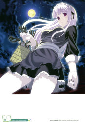 1girl absurdres apron bone dress female_focus full_moon highres koutaro long_hair maid maid_apron moon night pale_skin red_eyes solo white_hair
