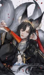 2boys alternate_costume alternate_hairstyle animal_ears bishounen black_hair black_kimono boots chibi chinese_clothes closed_eyes closed_mouth dragon_boy eastern_dragon_horns eyelashes falling_petals fangs fangs_out folded_fan folding_fan fox_boy fox_ears fox_tail grey_eyes hair_ornament half_updo hand_fan hands_up hanfu head_rest headband highres holding holding_fan japanese_clothes kimono kitsune kyuubi lan_wangji long_hair long_sleeves lying male_focus mini_person miniboy modao_zushi multiple_boys multiple_tails ojisan_rbt on_side one_eye_closed petals ponytail red_petals robe sidelocks sitting smile solo_focus tail twitter_username upper_body watermark wei_wuxian white_boots white_hanfu white_headband wide_sleeves xiao_guan_(headdress)