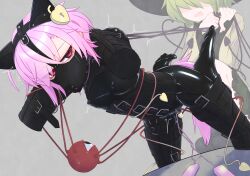 Rule 34 | 2girls, anal beads, anal tail, animal ears, bags under eyes, bdsm, bitchsuit, black bodysuit, bodysuit, bound, bound arms, bound legs, breasts, butt plug, corset, covered erect nipples, fake animal ears, fake tail, green hair, hat, highres, human dog, komeiji koishi, komeiji satori, latex, latex bodysuit, lock, menou 74, multiple girls, muzzle (mask), padlock, pet play, pink eyes, pink hair, sex toy, shiny clothes, short hair, skin tight, small breasts, tail, third eye, touhou, vibrator