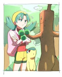 ... 1girl ? backpack bag bike_shorts border closed_mouth commentary_request creatures_(company) cropped_jacket crossed_arms eyelashes frown game_freak gen_2_pokemon green_eyes green_hair hat highres jacket kris_(pokemon) long_hair long_sleeves morio_(poke_orio) nintendo pink_bag pokemon pokemon_(creature) pokemon_gsc quilava red_shirt shirt smile spoken_ellipsis spoken_question_mark sudowoodo sweat twintails white_border white_jacket yellow_headwear