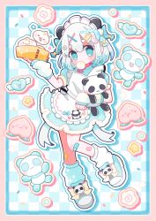 1girl animal_ears apron arm_warmers bandaid bandaid_on_knee bandaid_on_leg blue_dress blue_eyes blue_shoes blush_stickers commentary_request dress food food-themed_hair_ornament food_in_mouth frilled_apron frills fruit full_body fur-trimmed_dress fur-trimmed_sleeves fur_trim hair_ornament heart highres looking_at_viewer loose_socks narutomaki_hair_ornament original outline panda_ears peach pochirou_(ponpoc) shoes short_hair short_sleeves socks solo steamed_bun thick_eyebrows twitter_username white_apron white_hair white_outline white_socks x_hair_ornament