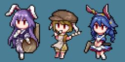 3girls animal_ears apron bandana blonde_hair blue_background blue_bandana blue_dress blue_hair brown_headwear cabbie_hat dango dress floppy_ears food full_body grey_apron hat holding kine long_hair low_twintails mallet multiple_girls orange_shirt pixel_art purple_hair rabbit_ears red_eyes reisen_udongein_inaba ringo_(touhou) risui_(suzu_rks) seiran_(touhou) shirt short_hair shorts simple_background touhou tray twintails wagashi waitress white_apron yellow_shorts
