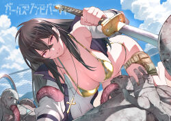 1girl absurdres all_fours armpits bare_shoulders black_hair breasts cross girls_zombie_party hanging_breasts highres holding holding_sword holding_weapon holster jacket jewelry kojima_takeshi large_breasts long_hair looking_at_viewer mitsurugi_saya necklace open_clothes open_jacket outdoors red_eyes smile solo sword tentacles thigh_holster weapon