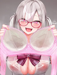 1girl :d blush bow bowtie bra breast_pocket breasts commentary_request festa11307070 grey_background grey_hair hair_ornament hair_over_one_eye hairclip large_breasts long_hair looking_at_viewer mole mole_under_eye nijisanji nipples no_bra open_mouth pink_bra pink_eyes pocket presenting_bra purple_bow purple_bowtie school_uniform see-through_clothes shirt short_sleeves signature simple_background smile solo stained_bra sukoya_kana sukoya_kana_(3rd_costume) teeth tongue twintails underwear unworn_bra upper_body upper_teeth_only virtual_youtuber wet wet_clothes wet_shirt white_shirt