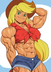 Rule 34 | 1girl, abs, alternate muscle size, applejack, applejack (equestria girls), arm at side, bare shoulders, biceps, breasts, cleavage, collarbone, colored skin, cowboy hat, cowgirl (western), deltoids, flexing, freckles, hat, muscular, muscular female, my little pony, my little pony: equestria girls, my little pony: friendship is magic, orange skin, pokkuti, sweat