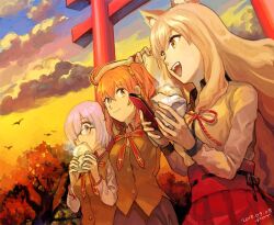 3girls animal_ears autumn steamed_bun brown_hair brown_vest cat_ears cloud dated fate/grand_order fate_(series) fon-due_(fonfon) food fujimaru_ritsuka_(female) grey_skirt hair_over_one_eye holding holding_phone mash_kyrielight multiple_girls open_mouth orange_eyes orange_hair outdoors phone pink_eyes pink_hair pleated_skirt red_ribbon red_skirt ribbon shirt side_ponytail signature skirt sunset suzuka_gozen_(fate) torii tree vest white_shirt