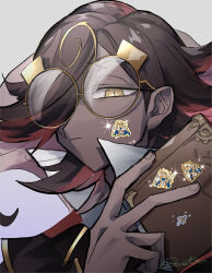 1boy artist_name blonde_hair book brown_hair character_sticker closed_mouth colored_inner_hair commentary_request cookie_run cookie_run:_kingdom dark-skinned_male dark_skin espresso_cookie fingernails flipped_hair from_below frown gold_trim grey_background hair_behind_ear hair_over_one_eye highres holding holding_book humanization madeleine_cookie multicolored_hair one_eye_covered portrait red_hair rn9j round_eyewear simple_background slit_pupils solo sparkle streaked_hair v very_dark_skin yellow-framed_eyewear yellow_eyes