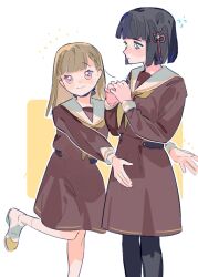 Rule 34 | 2girls, arms around waist, black hair, black pantyhose, blunt bangs, blunt ends, blush, bob cut, border, braid, brown dress, brown hair, center-flap bangs, closed mouth, commentary, dress, english commentary, feet out of frame, flower, flower knot, flying sweatdrops, foot out of frame, green eyes, hair flower, hair ornament, hasu no sora school uniform, highres, kachimachi kosuzu, leg up, link! like! love live!, long hair, long sleeves, looking at another, love live!, medium dress, momose ginko, multiple girls, neckerchief, nose blush, outside border, pantyhose, pipi (m1x mix), pleated dress, sailor collar, sailor dress, school uniform, shoes, short hair, side braids, simple background, smile, split mouth, standing, uwabaki, virtual youtuber, white border, white flower, white sailor collar, winter uniform, yellow background, yellow neckerchief, yellow shoes