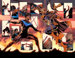 2boys batman_(series) baton_(weapon) beard black_bodysuit black_cape black_hair blood blood_from_mouth blood_on_face blood_splatter blue_bodysuit bodysuit boots burning cape clenched_teeth covered_abs dc_comics deathstroke dick_grayson domino_mask dual_wielding duel eyepatch closed_eyes face_punch facial_hair fighting_stance fire gloves grey_hair highres holding holding_weapon holster in_the_face injury kicking looking_at_another mask mature_male multiple_boys multiple_views muscular muscular_male nightwing one_eye_covered open_mouth orange_gloves punching sampere_art short_hair superhero_costume teeth thigh_holster torn_bodysuit torn_clothes two-tone_bodysuit weapon