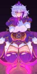 1girl absurdres artist_name blowing_kiss blush bob_cut bow bowtie breasts brown_corset commission corset crown dark_background endorx07 eyeliner gloves glowing glowing_eyes glowing_hands hand_on_own_face hand_up heart heart-shaped_pupils heroes_of_the_storm highres large_breasts looking_at_viewer magic makeup mole mole_under_eye orphea_(heroes_of_the_storm) puckered_lips purple_bow purple_bowtie purple_eyes purple_gloves purple_skirt purple_thighhighs shirt short_hair simple_background sitting skirt solo symbol-shaped_pupils thick_thighs thighhighs thighs torn_clothes torn_thighhighs wariza white_hair white_shirt