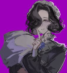 1girl black_hair blanket dress finger_to_mouth grin hair_over_one_eye hand_up highres holding holding_blanket index_finger_raised ing_(ing205509) long_sleeves maid maid_headdress one_eye_covered pink_eyes puffy_long_sleeves puffy_sleeves purple_background purple_dress reverse:1999 short_hair sketch smile solo swaddled tuesday_(reverse:1999) upper_body