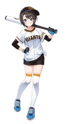 1girl baseball baseball_bat baseball_uniform black_hair black_shorts gloves holding holding_baseball_bat hololive izumi_sai nippon_professional_baseball official_art oozora_subaru shirt shoes short_hair shorts sneakers sportswear thighhighs thighs transparent_background virtual_youtuber white_shirt white_thighhighs yomiuri_giants