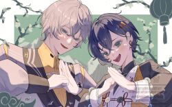 1boy 1girl belle_(delicate_sunlight)_(zenless_zone_zero) belle_(zenless_zone_zero) blue_hair brother_and_sister chinese_clothes green_eyes grey_hair hair_between_eyes hair_ornament highres letter_hair_ornament long_sleeves official_alternate_costume open_mouth palm-fist_greeting short_hair siblings smile tokooo_bushi upper_body wise_(soaring_crane)_(zenless_zone_zero) wise_(zenless_zone_zero) zenless_zone_zero