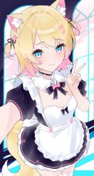 1girl animal_ear_fluff animal_ears apron arched_window black_dress black_ribbon blonde_hair blue_eyes breasts cartoon_bone dog_ears dog_girl dog_tail dress frilled_apron frills hair_ornament highres hololive hololive_english looking_at_viewer maid maid_apron mococo_abyssgard multicolored_hair neck_ribbon pink_hair puffy_short_sleeves puffy_sleeves reaching reaching_towards_viewer ribbon selfie short_hair short_sleeves small_breasts smile solo streaked_hair sunchi_pinch tail thighhighs thighs two_side_up v virtual_youtuber white_apron white_thighhighs window x_hair_ornament
