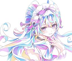 1girl black_choker bright_pupils choker commentary frilled_hairband frills genshin_impact hairband hand_to_own_mouth nihongami portrait signature simple_background smile solo touka_(pixiv71609120) white_background white_pupils yumemizuki_mizuki