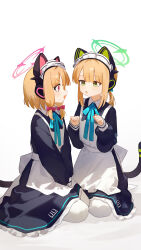 2girls :o absurdres alternate_costume animal_ear_headphones animal_ears apron black_dress blue_archive bow cat_tail dress eco_376124 enmaided fake_animal_ears fake_tail green_bow green_halo hair_bow hair_ornament halo headphones highres long_sleeves looking_at_another maid maid_apron maid_headdress midori_(blue_archive) midori_(maid)_(blue_archive) momoi_(blue_archive) momoi_(maid)_(blue_archive) multiple_girls official_alternate_costume open_mouth pantyhose paw_pose pink_bow pink_eyes pink_halo ponytail puffy_long_sleeves puffy_sleeves short_hair short_ponytail siblings simple_background sisters sitting tail twins waist_apron white_background white_headdress white_pantyhose