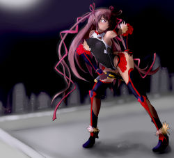 1girl absurdres ass ass_out black_lilith blush breasts brown_hair covered_erect_nipples female_focus gloves gun hair_ornament hair_ribbon highres leotard mizuki_yukikaze navel night nipples ribbon solo taimanin_(series) taimanin_yukikaze tan thighhighs tight_clothes twintails weapon wet