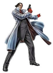 Rule 34 | 1boy, absurdres, alternate costume, black hair, black pants, black shoes, fingerless gloves, formal clothes, from below, game cg, gloves, glowing, glowing eye, gun, hair slicked back, handgun, heterochromia, highres, holding, holding gun, holding weapon, legs apart, long coat, male focus, mishima kazuya, necktie, official art, pants, red eyes, scar, scar on face, shoes, simple background, solo, standing, studded gloves, suit, tekken, tekken tag tournament 2, weapon, white background, yamashita shun&#039;ya
