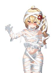 1girl :t absurdres ahoge anger_vein armpit_crease bandages blonde_hair blush breasts commentary crossed_bangs embarrassed hair_between_eyes highres long_hair looking_down luciana_de_montefio naked_bandage navel red_eyes side_ponytail simple_background small_breasts solo stomach trembling wbs white_background zenless_zone_zero