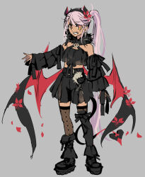 1girl black_boots blush boots breasts chloe_von_einzbern chloe_von_einzbern_(fgo_fes._2025) dark-skinned_female dark_skin demon_horns demon_tail demon_wings fate/grand_order fate_(series) full_body grin hairband hiroyama_hiroshi horns long_hair looking_at_viewer navel orange_eyes pink_hair sidelocks small_breasts smile solo stomach_tattoo tail tattoo wings