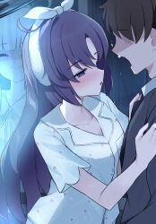 1boy 2girls absurdres animal_print black_hair black_jacket black_necktie blue_archive blue_shirt blush cat_print dress false_smile hairband highres jacket long_hair looking_at_another mi_taro333 multiple_girls necktie no_eyes noa_(blue_archive) noa_(pajamas)_(blue_archive) official_alternate_costume official_alternate_hairstyle open_mouth purple_eyes purple_hair sensei_(blue_archive) shaded_face shirt short_hair smile sweatdrop white_dress white_hair white_hairband white_shirt yuuka_(blue_archive) yuuka_(pajamas)_(blue_archive)