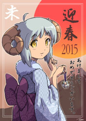 Rule 34 | 1girl, 2015, ahoge, bow, chinese zodiac, commentary request, curled horns, from behind, grey hair, happy new year, horns, japanese clothes, kimono, looking at viewer, looking back, nengajou, new year, obi, original, sash, sheep horns, short hair, smile, solo, translation request, tsune (dreamers express), upper body, year of the goat, yellow eyes