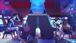 1boy 1girl ;d arcade arcade_cabinet armor bodysuit broken_glass brown_eyes brown_hair character_name clothes_writing commentary_request crossed_legs d.va_(overwatch) emblem full_body genji_(overwatch) glass grin hage2013 headset hologram indoors jpeg_artifacts long_hair one_eye_closed open_mouth overwatch overwatch_1 pachimari playing_games poster_(object) power_armor prostration rabbit sitting smile spread_legs stool stuffed_toy tile_floor tiles turnip v