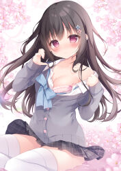 Rule 34 | 1girl, black hair, black skirt, blush, bra, breasts, cardigan, cleavage, closed mouth, collarbone, collared shirt, commentary request, fingernails, flower, grey cardigan, hair between eyes, hair ornament, hairclip, half-heart hands, hands up, heart, heart-shaped pupils, highres, lace, lace-trimmed bra, lace trim, long hair, long sleeves, looking at viewer, medium breasts, original, partially unbuttoned, pink flower, pleated skirt, red eyes, shirosei mochi, shirt, single bare shoulder, single off shoulder, sitting, skirt, solo, symbol-shaped pupils, thighhighs, underwear, undressing, very long hair, white shirt, white thighhighs