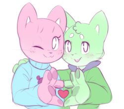 1boy 1girl :3 animal_ears animal_hands animal_nose arm_around_shoulder blue_sweater blush body_fur cat_boy cat_ears cat_girl closed_mouth flat_color furry furry_female furry_male green_fur green_jacket hand_up happy heart heart_hands heart_hands_duo jacket kekitopu light_blush long_sleeves looking_at_viewer mochi_(kekitopu) one_eye_closed open_mouth original pawpads pink_fur simple_background smile split_mouth suama_(kekitopu) sweater symmetry upper_body whiskers white_background white_eyes wink