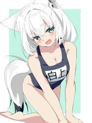 1girl absurdres all_fours animal_ear_fluff animal_ear_piercing animal_ears aqua_background aqua_eyes barefoot black_one-piece_swimsuit blush border braid breasts cleavage fox_ears fox_girl fox_tail hair_intakes highres hololive kanoe_nagi medium_hair name_tag one-piece_swimsuit open_mouth shirakami_fubuki short_hair simple_background smile solo swimsuit tail white_border white_hair