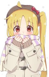 Rule 34 | 1girl, absurdres, ahoge, alternate costume, blonde hair, blush, bocchi the rock!, brown coat, choppy bangs, coat, commentary request, covering own mouth, detached ahoge, hands up, highres, ijichi nijika, looking at viewer, mimori (mimori 05), parted bangs, purple scarf, red eyes, revision, scarf, side ponytail, simple background, solo, upper body, white background, winter clothes, winter coat