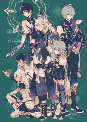 1girl 6+boys ahoge alhaitham_(genshin_impact) animal_ear_fluff animal_ears arm_on_thigh arm_tattoo bandaged_leg bandages belt belt_buckle black_gloves black_hair black_hoodie black_shirt blue_eyes blunt_ends boots braid bridal_gauntlets bright_pupils buckle capelet clenched_hands cloak closed_mouth collei_(genshin_impact) compression_shirt covered_collarbone cyno_(genshin_impact) dark-skinned_male dark_skin drawstring dress earrings eyelashes eyes_visible_through_hair feathers fingernails floating fox_ears fringe_trim furisode gem genshin_impact gloves green_background green_eyes green_hair hair_intakes halo halo_behind_head hand_on_own_arm hand_on_own_chin hand_on_own_hip hands_on_own_chest headphones height_difference high_collar hood hood_down hoodie japanese_clothes jewelry kaveh_(genshin_impact) kimono lace-up_boots levitation limited_palette long_sleeves looking_to_the_side lower_teeth_only mandarin_collar middle_ring multicolored_hair multiple_boys neck_ring noelnnx on_one_knee open-toe_boots open_clothes open_kimono orange_eyes own_hands_together pants parted_bangs parted_lips pointing pointing_to_the_side puffy_pants purple_feathers purple_gloves purple_hair purple_rope rope scaramouche_(genshin_impact) sethos_(genshin_impact) shirt short_hair short_sleeves shoulder_peek spiked_hair streaked_hair striped_sleeves sweatdrop tattoo teeth thigh_belt thigh_strap thighhighs thighlet tighnari_(genshin_impact) toeless_socks toenails toga tsurime twitter_username two-sided_gloves upper_teeth_only usekh_collar wanderer_(genshin_impact) white_hair white_kimono white_pupils white_sleeves