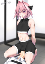 2boys artist_name astolfo_(fate) bad_source barefoot black_bow black_shorts black_tank_top blurry blurry_background blush bow bulge fate/grand_order fate_(series) fujimaru_ritsuka_(male) hair_between_eyes hair_bow hair_intakes highres indoors kitajima_yuuki male_focus midriff multicolored_hair multiple_boys navel open_mouth pink_hair purple_eyes shorts sitting sitting_on_face sitting_on_person streaked_hair tank_top trap variant_set yaoi