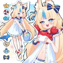 &gt;_&lt; 1girl :3 ahoge anchor animal animal_ear_fluff animal_ears bare_arms beach bikini blonde_hair blue_eyes blue_hair blue_neckerchief blue_sailor_collar blush border bow bucket buttons cat_ears closed_mouth collar collarbone commentary cowboy_shot crab dress eyes_visible_through_hair fang fins fish_girl fish_tail frilled_dress frills full_body hair_bow highleg highleg_bikini highres holding holding_animal holding_bucket indie_virtual_youtuber leaning_back leaning_forward lifebuoy lifebuoy_hair_ornament long_hair looking_at_viewer low_twintails multicolored_hair multiple_views navel neckerchief one_side_up open_mouth outline outside_border paper_boat rope sailor_collar sameko_saba sand_bucket scrunchie seashell shell shorts sidelocks simple_fish skin_fang sky sleeveless sleeveless_dress smile smug standing starfish streaked_hair swim_ring swimsuit tail twintails unbuttoned very_long_hair virtual_youtuber white_border white_dress white_shorts wrist_scrunchie xeapher