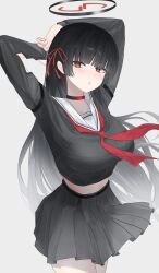 1girl absurdres arms_behind_head arms_up black_hair black_skirt blue_archive blunt_bangs blush breasts chisa_(wuthering_waves) chisa_(wuthering_waves)_(cosplay) commentary cosplay english_commentary froha11037 halo highres hime_cut large_breasts long_hair looking_at_viewer midriff parted_lips pleated_skirt red_eyes ringed_eyes rio_(blue_archive) school_uniform serafuku simple_background skirt solo white_background wuthering_waves