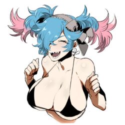 bikini bikini_top_only black_bikini blue_hair blush bow breasts closed_eyes coif fire_emblem fire_emblem_fates large_breasts multicolored_hair nintendo open_mouth peri_(fire_emblem) pink_hair sharp_teeth smile swimsuit teeth twintails two-tone_hair