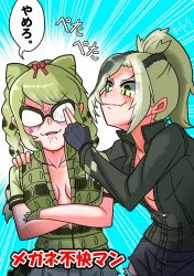 2girls blush bow braid breasts bullying denim fang fingerless_gloves fingerprint glasses gloves green_eyes green_hair green_jacket hair_ornament hand_on_another&#039;s_shoulder highres jacket jeans kemono_friends kemono_friends_3 long_hair monohenke multicolored_hair multiple_girls no_bra open_clothes open_jacket open_mouth pants ponytail saltwater_crocodile_(kemono_friends) semi-rimless_eyewear simple_background skin_fang smile spectacled_caiman_(kemono_friends) speech_bubble tail torn_clothes torn_jeans torn_pants twin_braids zipper_pull_tab