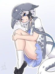1girl blowhole blue_eyes blush bow cetacean_tail dolphin_girl dorsal_fin dress fins fish_tail grey_hair hair_bow highres kemono_friends knees_up looking_at_viewer mo23 multicolored_hair narwhal_(kemono_friends) puffy_short_sleeves puffy_sleeves sailor_collar short_hair short_hair_with_long_locks short_sleeves solo tail thick_thighs thighs white_hair