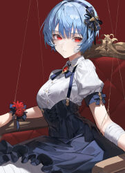 1girl ayanami_rei bandaid bandaid_on_face blue_bow blue_hair blue_hairband blue_neckerchief blue_skirt bow breasts buttons chyoel clothing_request collared_shirt couch cross-laced_clothes cross-laced_skirt feet_out_of_frame hair_between_eyes hair_bow hairband high-waist_skirt highres neckerchief neon_genesis_evangelion pleated_skirt red_background red_brooch red_eyes shirt short_hair short_sleeves sitting skirt solo wrist_flower